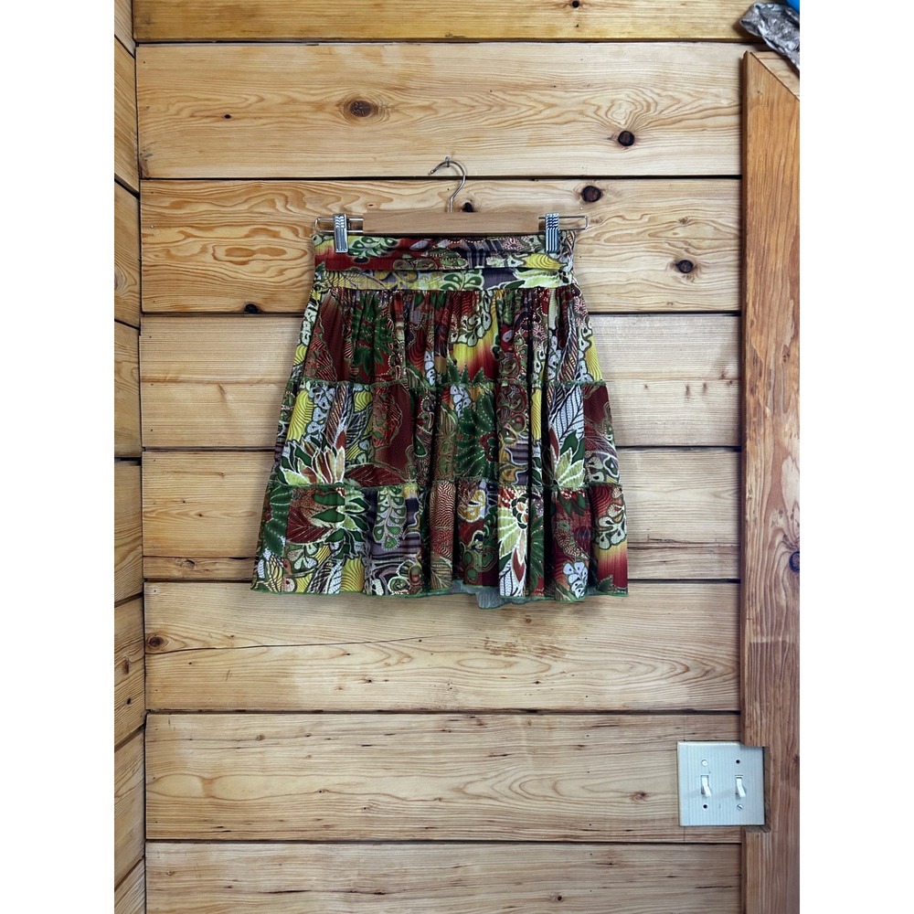 Amys Closet Tropical Floral Tiered Mini Skirt Green Yellow L 12-14 Festival Y2K
